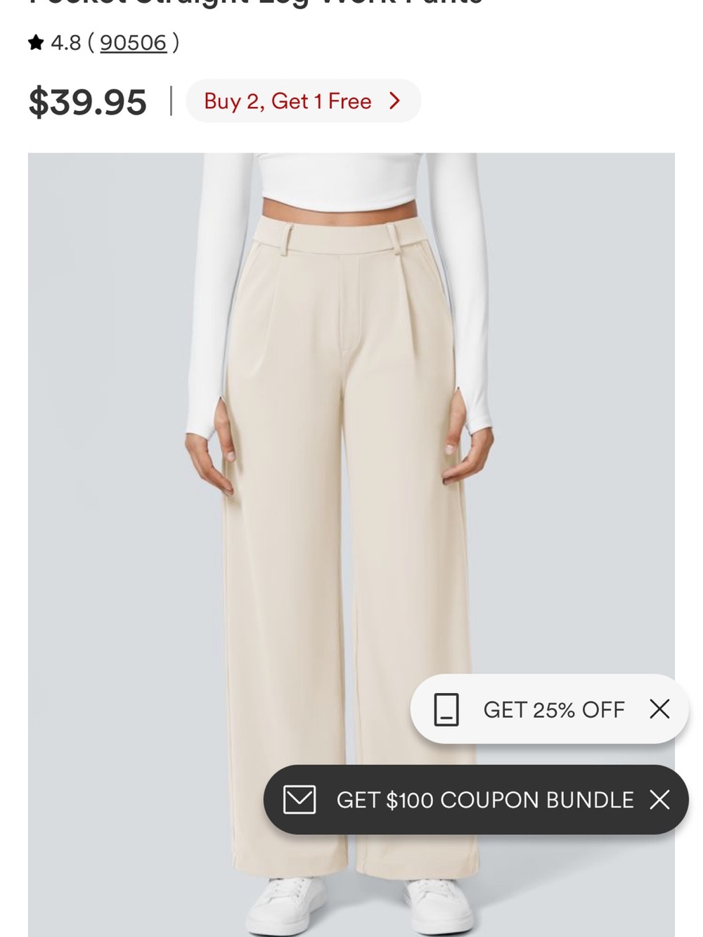HALARA Cream Wide-Leg High-Rise Work Pants